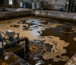 How to Choose Flocculants for Oily Wastewater Treatment: A Real Engineer’s Story, Best Practices & Chemical Guide 5 Oily wastewater with floating oil in an industrial treatment tank.